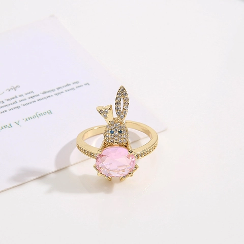 Niedliche Kaninchen Tier Offener Verstellbarer Ring Gold Vergoldetes Kupfer Rosa Zirkon Mikro Pave Zirkonia Mode Schmuck