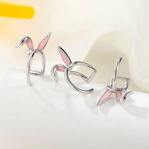 Sweet Pink Enamel Bunny Ear Cuff Non Pierced Clip On Earrings Titanium Steel Copper Jewelry Accessory For Women Girls