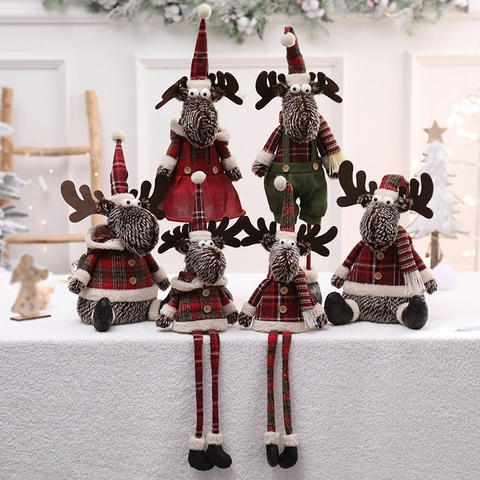 Kerst Rendier Pluche Poppen Ornamenten Geruite Gebreide Stof Elanden Familie Decor Voor Thuis Vakantie Feest Desktop