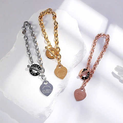 Bracciale Pendente Cuore Acciaio Inossidabile Chiusura OT Citazione Incisa Catena Maglia Grossa Gioielli Moda Donna