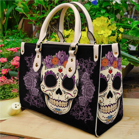 Skull Print Handbag Women PU Leather Gothic Rivet Tote Large Capacity Punk Style Shoulder Bag