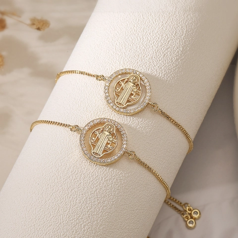 Pulsera Medalla Religiosa San Benito Cobre Bañado En Oro 18K Circonita Cadena De Caja Ajustable Para Mujeres