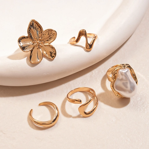 Alloy Simulated Artificial Pearl Flower Rings Irregular Open Minimalist Retro Vintage Geometric Fashion Jewelry For Women Accessories