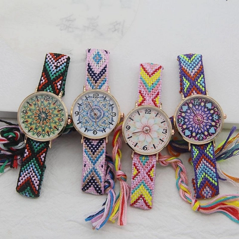 Women's Bohemian Woven Rope Watch Ethnic Mandala Floral Dial Quartz Wristwatch Gold Case Handmade Braided Tassel Strap Watch