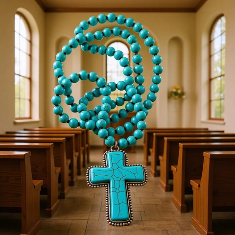 Bohemian Turquoise Kralen Kruis Hanger Halsketting Voor Vrouwen Retro Handgemaakte Steen Religieuze Gebed Lange Trui Ketting Sieraden