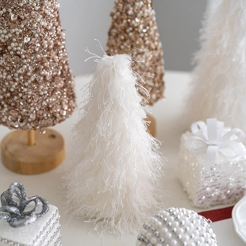 Mini Christmas Tree Ornaments Desktop Decoration Sequin Artificial Pearl Faux Fur Wood Base Seasonal Festive Home Office Ornament