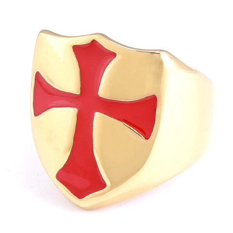 Anello Con Sigillo Da Uomo In Acciaio Inossidabile Retro Scudo Croce Templare Rossa Smalto Goth Punk Gioielli Accessori