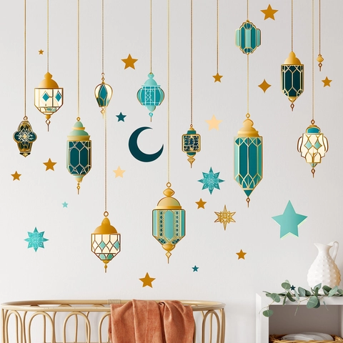 Adesivi Murali Ramadan PVC Lanterne Appese Luna Stelle Decalcomanie Per Camera Da Letto Soggiorno Decor Eid Mubarak