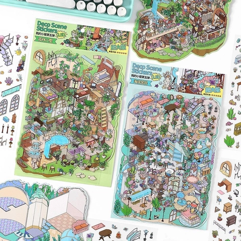 Creative 2.5D Scene Decoration Stickers PET Material DIY Scrapbooking Planner Accessories Hand Drawn Illustration