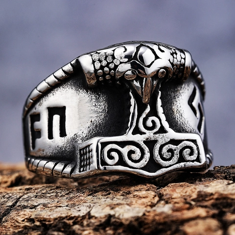 Wikinger Mjölnir Hammer Ring Edelstahl Nordische Runen Retro Vintage Punk Stil Herren Schmuck Accessoire