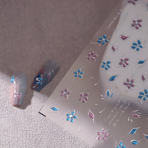 3D Reliëf Nagelstickers Florale Blauw Roze Bloemen Met Zilveren Randen Kunstparels Zelfklevend Ins Style Manicure