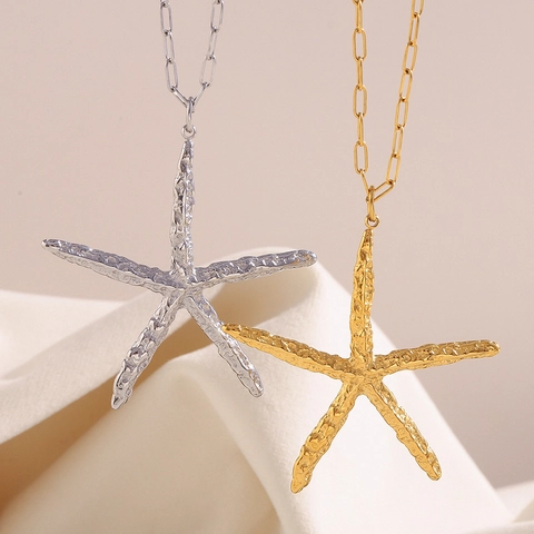 Collar Con Colgante De Estrella De Mar Textura Martillada Acero Inoxidable Chapado En Oro 18K Joyas De Moda De Playa