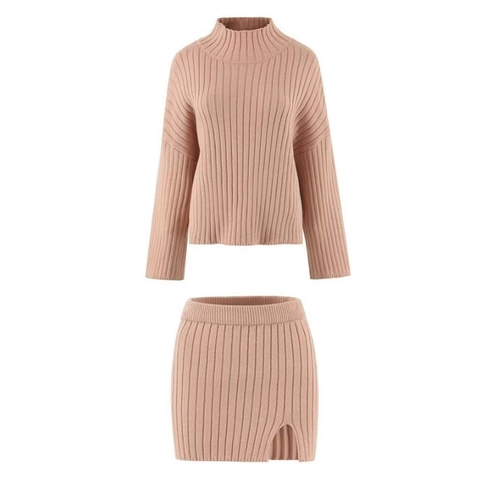 Vêtements En Maille Côtelée Femme Pull À Col Montant Manches Longues Et Mini Jupe Fendue Latérale Streetwear Élégant