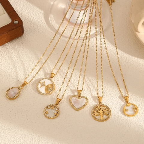 Collana In Acciaio Inossidabile Con Ciondolo In Madreperla Cuore Stella Luna Zircone Per Donna Moda Regalo Elegante