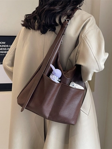 Borsa A Spalla In Morbida Pelle PU Grande Capacità Tasche Esterne Borsa Minimalista Con Pochette Interna