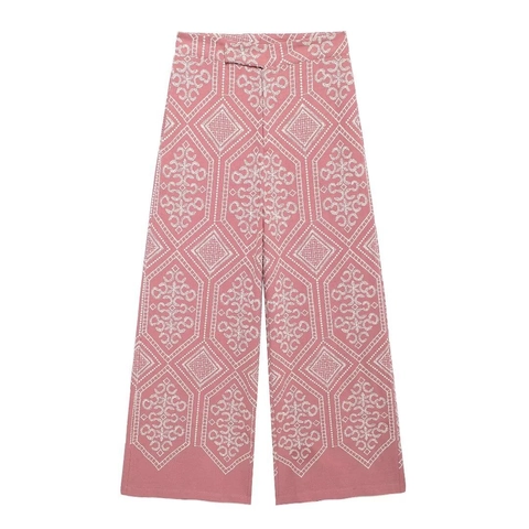 Damen Weite Hose Hohe Taille Ethnische Geometrische Stickerei Rosa Gerade Hose Vintage Retro Stil