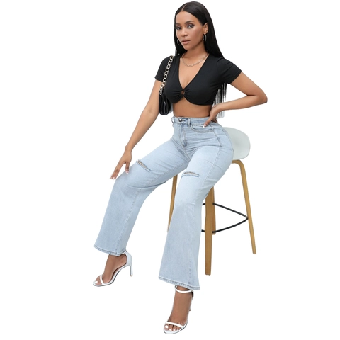 Distressed Ripped Jeans Women High Waist Cotton Rayon Denim Wide Leg Flared Pants Casual