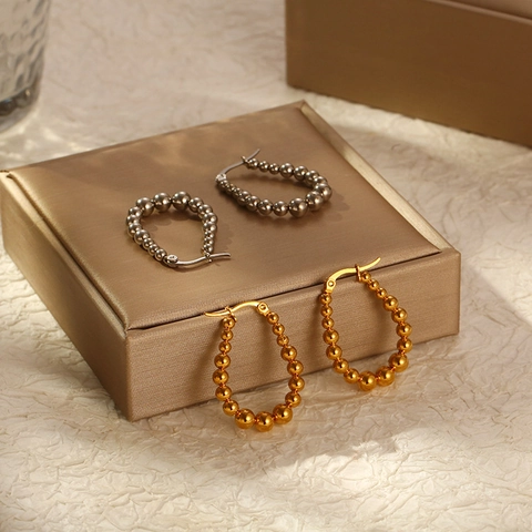 Fashion Beaded Hoop Earrings For Women 18K Gold Plated Stainless Steel Oval Graduated Ball Trendy Elegant Jewelry