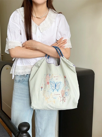 Stickerei Tote Bag Damen Koreanischer Stil Blumen Schmetterling Große Kapazität Oxford Tuch Lässige Süße Handtasche