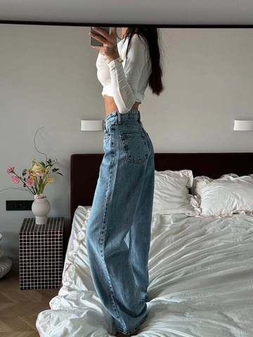 Women's Vintage High Waist Wide Leg Jeans Washed Blue 100% Cotton Denim Loose Fit Streetwear Long Pants For Women