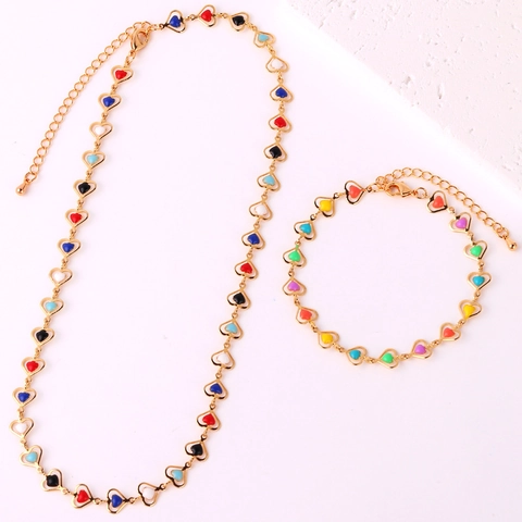 Heart Necklace And Bracelet Brass 18K Gold Plated Colorful Enamel Oil Dripped Fashion Niche Jewelry For Women Girls