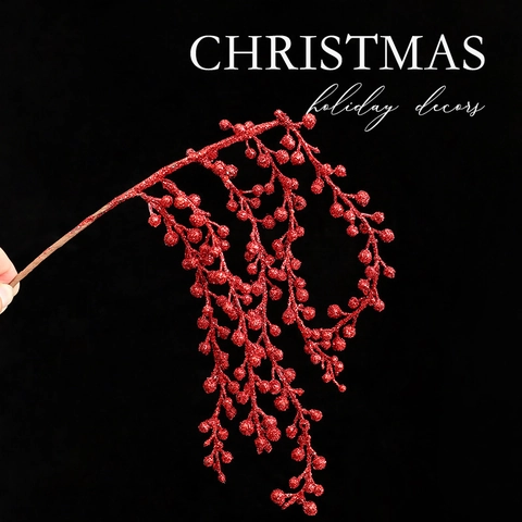 Artificial Christmas Berry Spray Branches Glitter Foam Plastic Shiny Decorative Stems For Tree DIY Holiday Home Decor