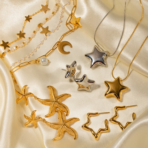 Set Di Gioielli Collana E Orecchini Stella Pentagramma Acciaio Inossidabile Placcato Oro Minimalista Stile INS Per Donna