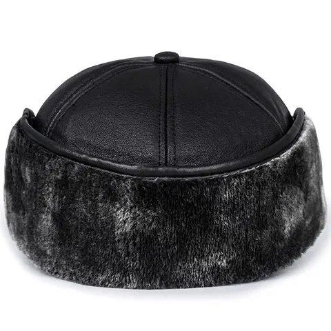Men Winter Ear Protection Baseball Cap Faux Leather Plush Lined Warm Windproof Solid Black Outdoor Sport Hat
