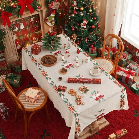 Christmas Tablecloth Embroidered Lace Rectangular Holiday Dining Table Cover Santa Reindeer Bell Beige Polyester Decor