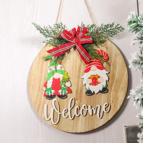 Targa Per Porta Benvenuto In Legno Di Natale Fiocco A Quadri Pino Artificiale Gnomo Ornamento Rotondo Decorazioni
