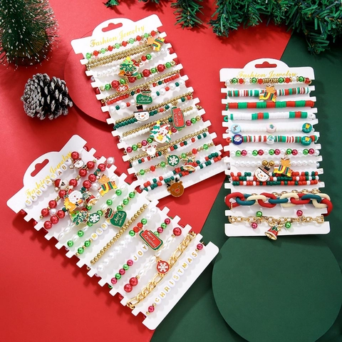 Bracelet De Noël Ensemble Argile Polymère Alliage Émail Charmes Père Noël Bonhomme De Neige Renne Bijoux Festifs Femmes