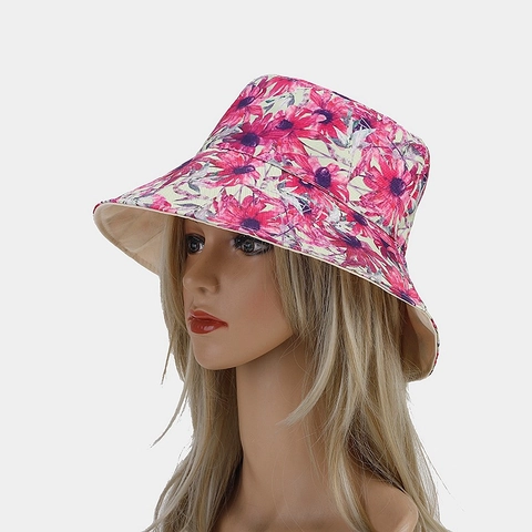 Bob Femme Réversible Coton Imprimé Fleuri Protection Solaire Été Extérieur Bord Large Décontracté Pliable