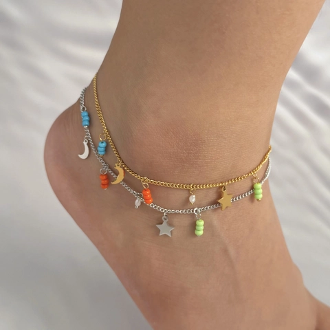 Fußkette Edelstahl Stern Mond Anhänger Bunte Künstliche Perlen Tassel Bohemian Schmuck Für Damen