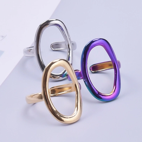 Adjustable Open Ring Stainless Steel Geometric Oval Hollow Polished Retro Modern Jewelry For Women Men