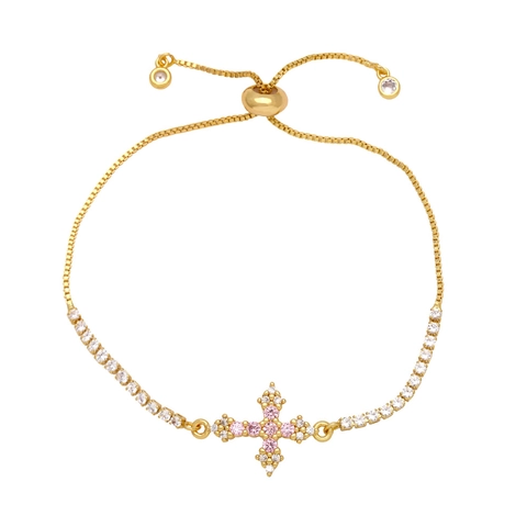 Bracciale Con Ciondolo A Croce Rame Placcato Oro Con Zirconia Cubica Colorata Chiusura A Scorrimento Regolabile Gioielli Moda Donna