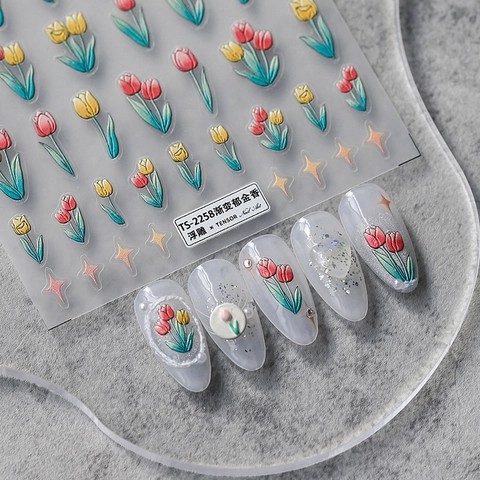 5D Embossed Nail Stickers 3D Relief Gradient Tulip Flower Star Self Adhesive Manicure Art Decoration Elegant Floral