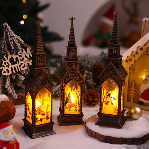 Lanterne Église De Noël LED Bronze Rétro Lumière Chaude Père Noël Bonhomme De Neige Renne Décoration De Bureau Cadeau