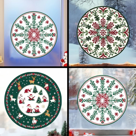 Christmas Window Stickers Static Cling PVC Snowflake Santa Reindeer Snowman Mandala Round Glass Decals For Holiday Decor