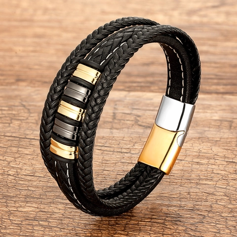 Bracciale In Pelle Intrecciata Multistrato Acciaio Inossidabile Chiusura Magnetica Uomo Vintage Punk Gioielli
