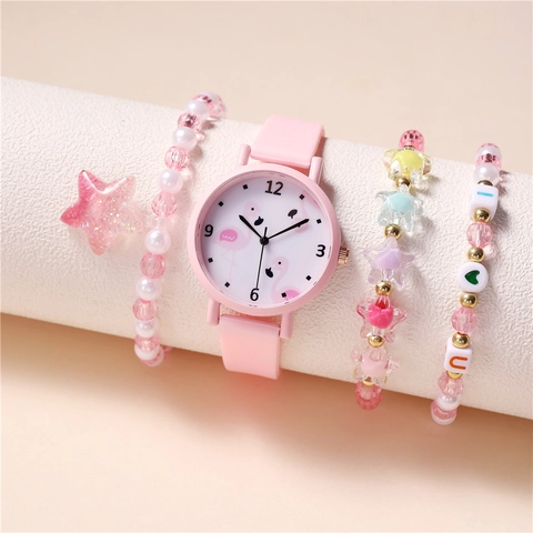 Rosa Flamingo Cartoon Quarzuhr Und Perlenarmband Zubehör Für Mädchen Kinder Geschenk