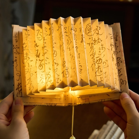 DIY Folding Book Light Fan Shaped LED Night Light Chinese Calligraphy Van Gogh Art Paper Desk Ornament Home Decor Aesthetic Gift