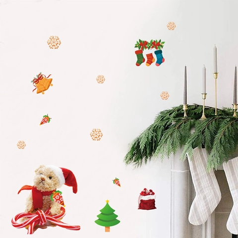 Weihnachts Wandaufkleber PVC Wasserdicht Teddybär Schneeflocke Baum Aufkleber Für Haus Fenster Deko