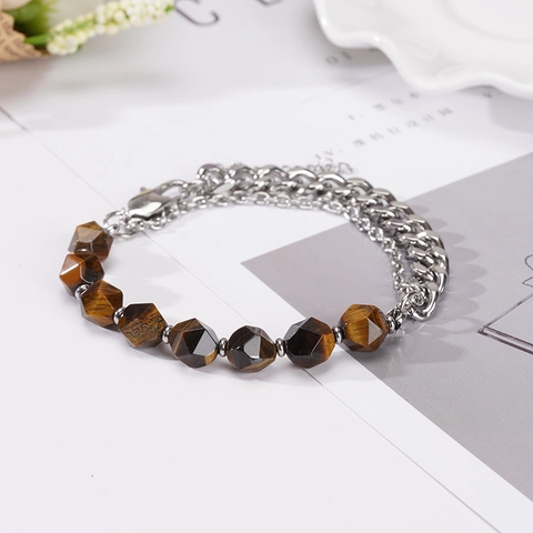 Bracciale in Acciaio Inossidabile con Pietra Naturale Occhio di Tigre Agata Nera per Uomo Donna Catena Cubana Punk Gioielli