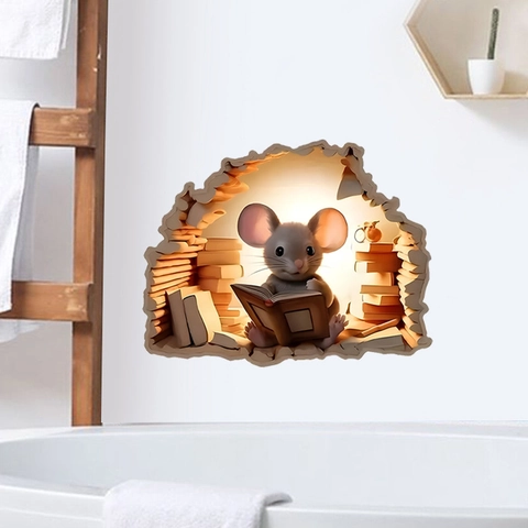 Adesivo Da Parete 3D Buco Del Topo PVC Decalcomania Rimovibile Simpatico Topo Cartone Animato Per Decorazione Casa