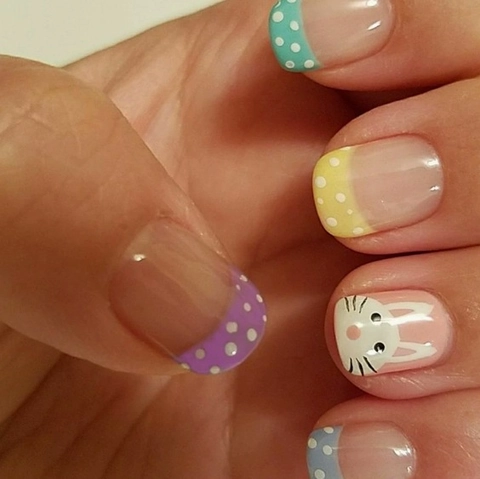 Unghie Finte Press On Pasqua Coniglio E Puntini Colorati Stile Francese ABS Lucido Per Donne Manicure