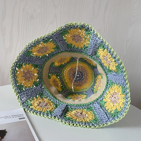 Chapeau Cloche En Paille Crocheté À La Main Patchwork Floral Respirant Protection Solaire Style Bohème Pour Femmes