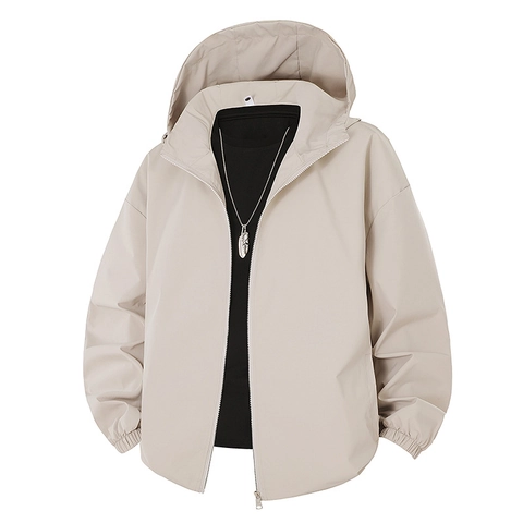 Men Hooded Windbreaker Jacket Lightweight Solid Color Windproof Casual Outdoor Outerwear Zip Up Coat