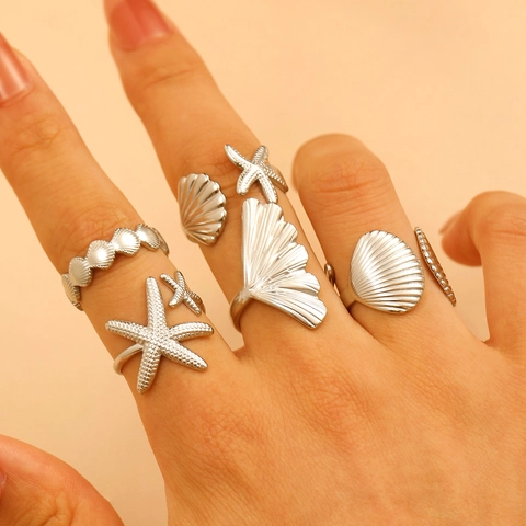 Anello Aperto in Acciaio Inossidabile Stile Oceano per Donna Oro Argento Stella Marina Conchiglia Tartaruga Granchio Regolabile Gioielli da Spiaggia Estivi