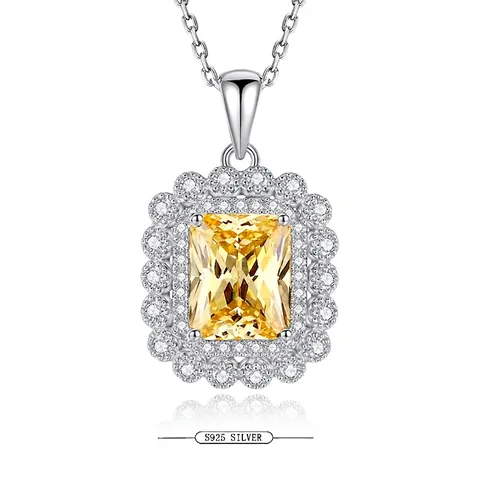 Elegant 925 Sterling Silver Pendant Necklace With Radiant Rectangular Emerald Cut Rhinestone Geometric Halo Jewelry Gift