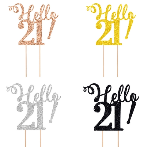 Hello Birthday Cake Topper Glitter Paper Sparkly Party Decoration For Celebration Event Gold Silver Black Colors